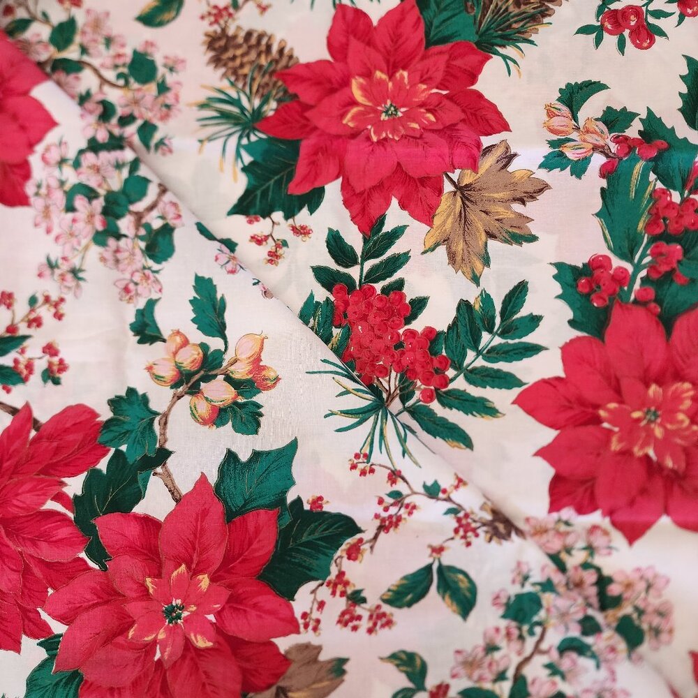Holiday Christmas Poinsettia Holly Pinecones Cotton Print Material - 75" x 44"